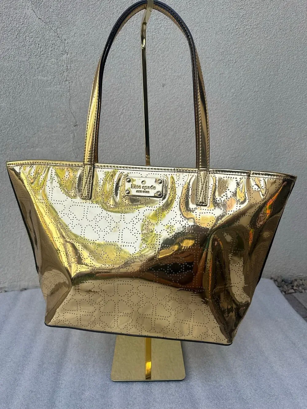 Kate Spade Metallic Gold Perforated Spade Logo Tote Bag
